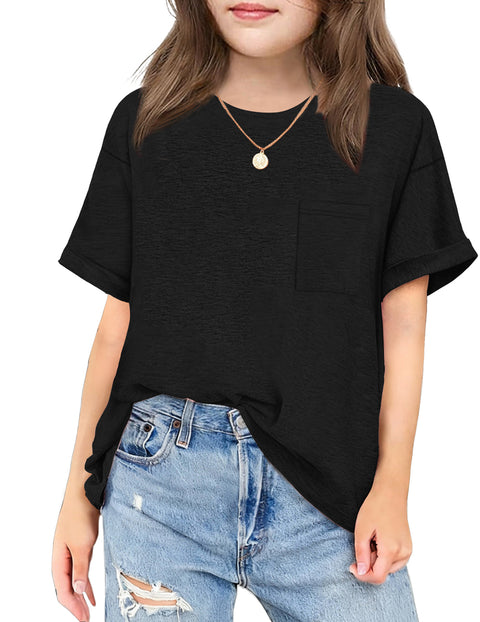 Girls Oversized Short Sleeve T-Shirt with Pocket Rolled Sleeve Basic Tee - Black