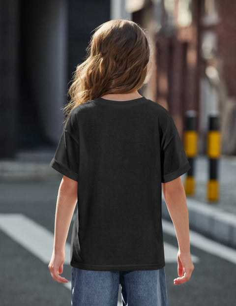 Girls Oversized Short Sleeve T-Shirt with Pocket Rolled Sleeve Basic Tee - Black