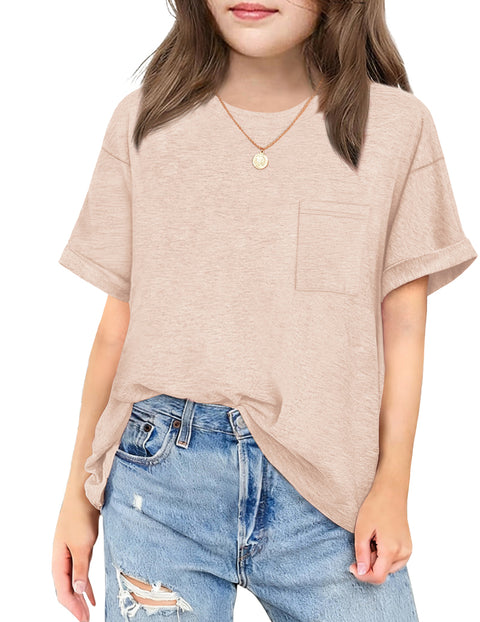 Girls Oversized Short Sleeve T-Shirt with Pocket Rolled Sleeve Basic Tee - Champagne