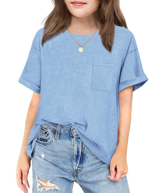 Girls Oversized Short Sleeve T-Shirt with Pocket Rolled Sleeve Basic Tee - Light Blue