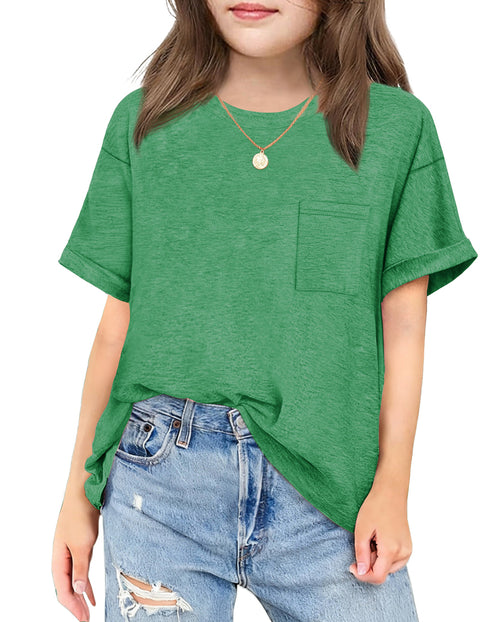 Girls Oversized Short Sleeve T-Shirt with Pocket Rolled Sleeve Basic Tee - Green
