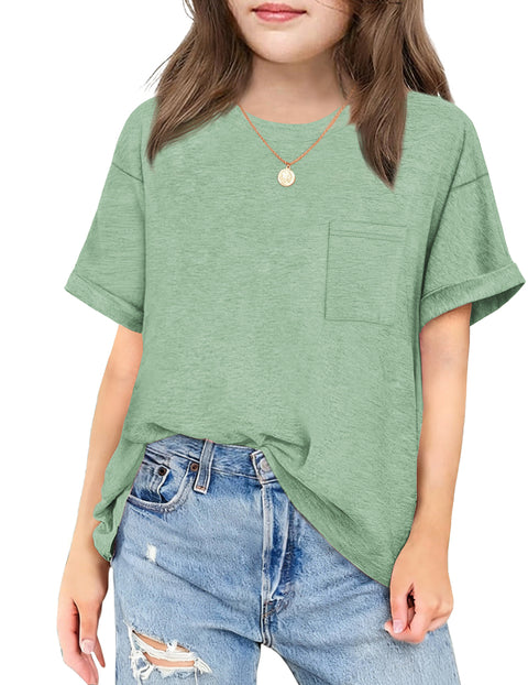 Girls Oversized Short Sleeve T-Shirt with Pocket Rolled Sleeve Basic Tee - Light Green