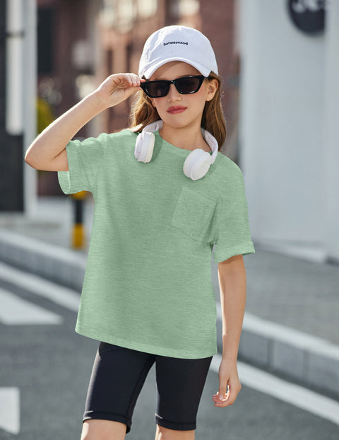 Girls Oversized Short Sleeve T-Shirt with Pocket Rolled Sleeve Basic Tee - Light Green