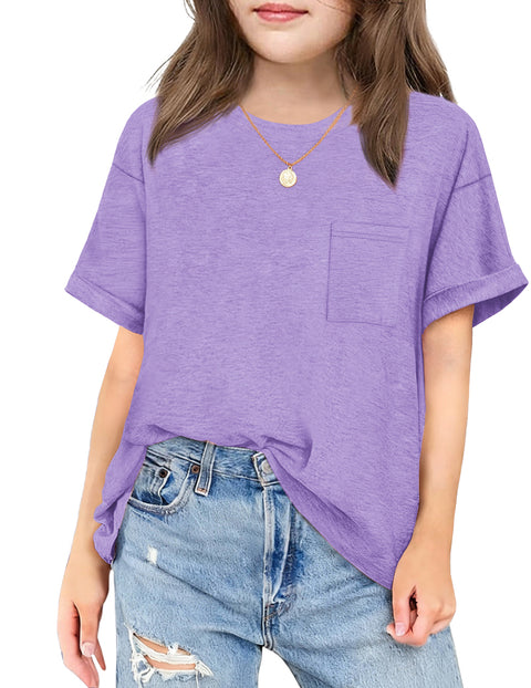 Girls Oversized Short Sleeve T-Shirt with Pocket Rolled Sleeve Basic Tee - Purple