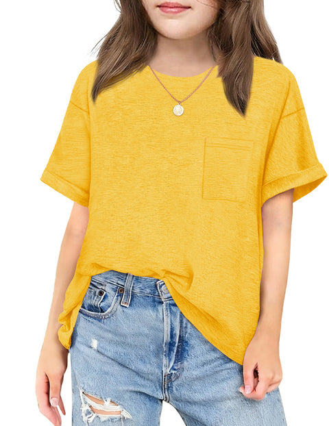 Girls Oversized Short Sleeve T-Shirt with Pocket Rolled Sleeve Basic Tee - Yellow