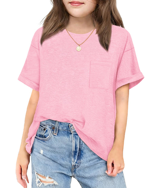 Girls Oversized Short Sleeve T-Shirt with Pocket Rolled Sleeve Basic Tee - Pink