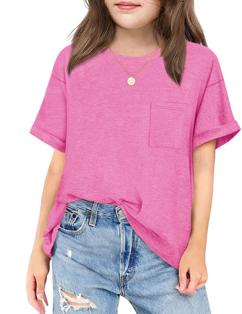 Girls Oversized Short Sleeve T-Shirt with Pocket Rolled Sleeve Basic Tee - Peach Pink