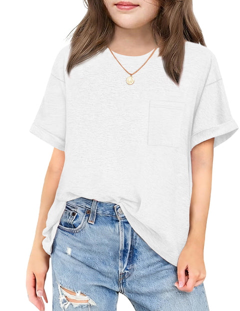 Girls Oversized Short Sleeve T-Shirt with Pocket Rolled Sleeve Basic Tee - White