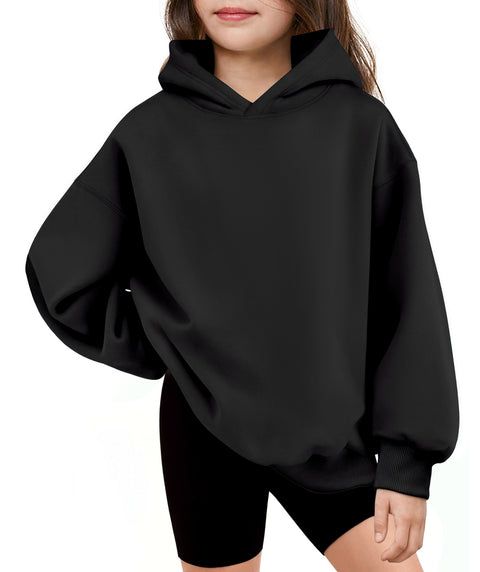 Girls Oversized Fleece Pullover Hoodie Long Sleeve Casual Sweatshirt - Black