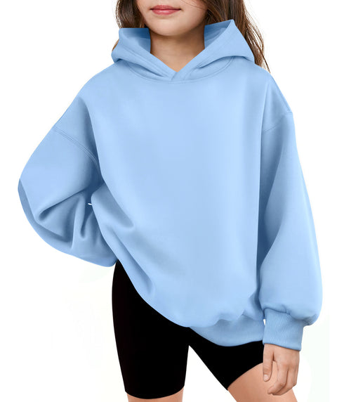 Girls Oversized Fleece Pullover Hoodie Long Sleeve Casual Sweatshirt - Light Blue