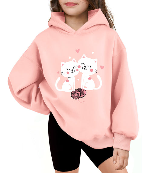 Girls Oversized Fleece Pullover Hoodie Long Sleeve Casual Sweatshirt - Light Pink Cat