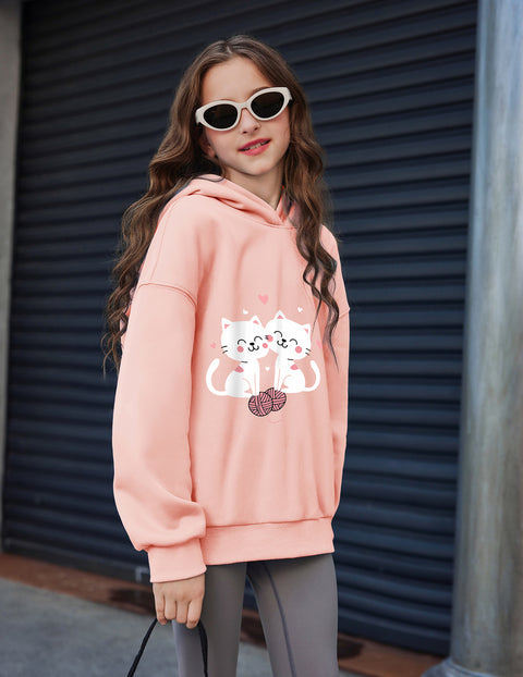 Girls Oversized Fleece Pullover Hoodie Long Sleeve Casual Sweatshirt - Light Pink Cat