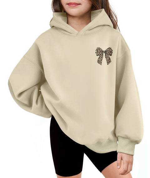 Girls Oversized Fleece Pullover Hoodie Long Sleeve Casual Sweatshirt - Khaki Bow