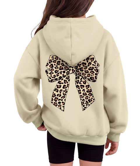 Girls Oversized Fleece Pullover Hoodie Long Sleeve Casual Sweatshirt - Khaki Bow