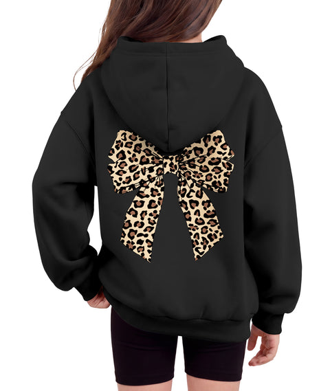 Girls Oversized Fleece Pullover Hoodie Long Sleeve Casual Sweatshirt - Black Bow