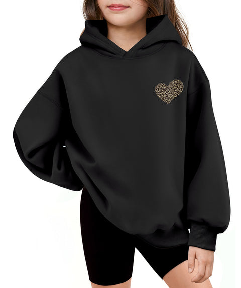 Girls Oversized Fleece Pullover Hoodie Long Sleeve Casual Sweatshirt - Black Heart