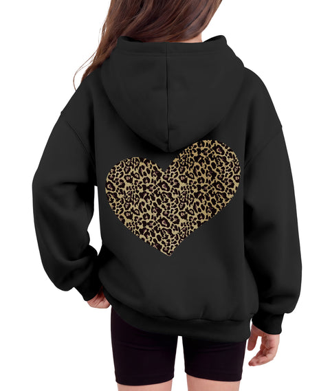 Girls Oversized Fleece Pullover Hoodie Long Sleeve Casual Sweatshirt - Black Heart
