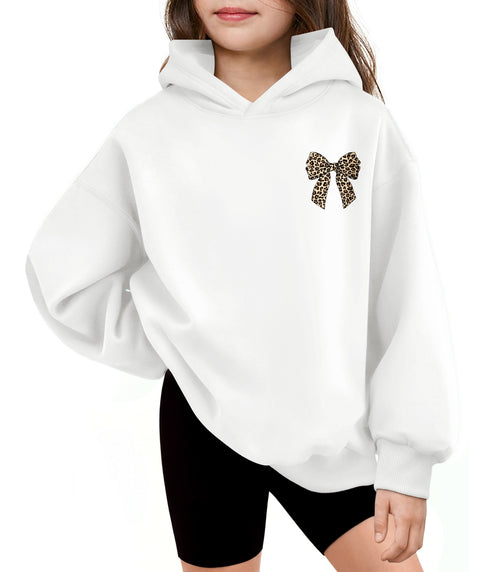 Girls Oversized Fleece Pullover Hoodie Long Sleeve Casual Sweatshirt - White Bow