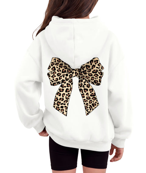 Girls Oversized Fleece Pullover Hoodie Long Sleeve Casual Sweatshirt - White Bow