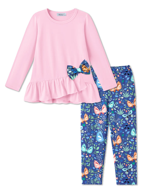 Toddler Girls 2 Piece Fall Outfit Bow Ruffle Top and Floral Leggings Set - Dark Pink + Butterfly