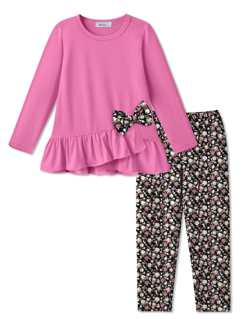 Toddler Girls 2 Piece Fall Outfit Bow Ruffle Top and Floral Leggings Set - Peach Pink + Pink Floral