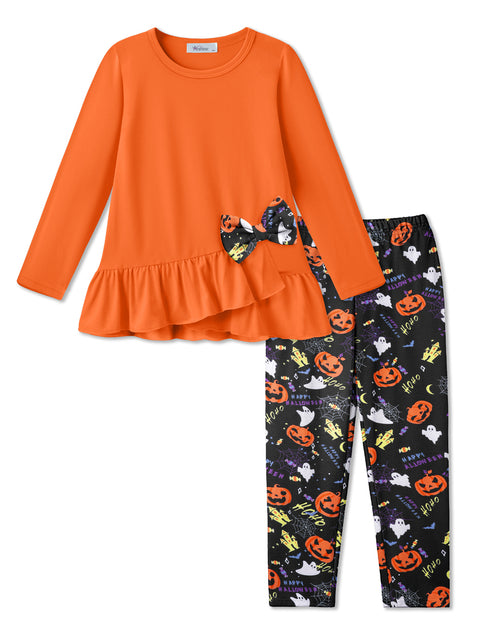 Toddler Girls 2 Piece Fall Outfit Bow Ruffle Top and Floral Leggings Set - Halloween Pumpkins