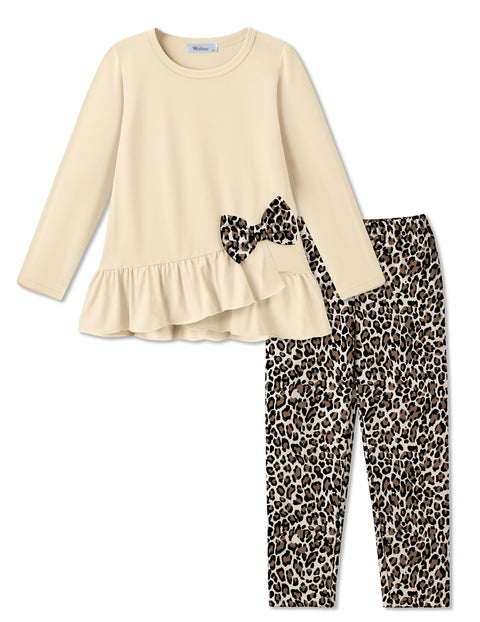 Toddler Girls 2 Piece Fall Outfit Bow Ruffle Top and Floral Leggings Set - Apricot + Leopard Print