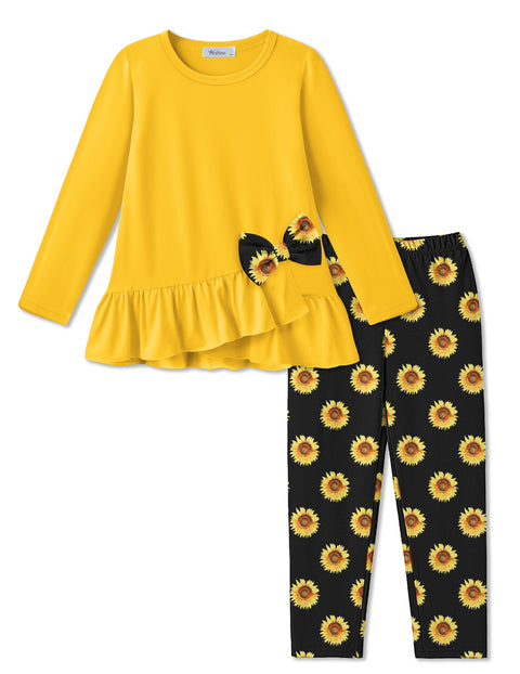 Toddler Girls 2 Piece Fall Outfit Bow Ruffle Top and Floral Leggings Set - Yellow + Sunflower