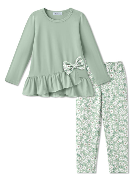 Toddler Girls 2 Piece Fall Outfit Bow Ruffle Top and Floral Leggings Set - Light Green + Green Flower