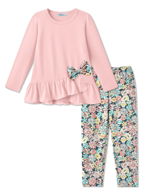 Toddler Girls 2 Piece Fall Outfit Bow Ruffle Top and Floral Leggings Set - Light Pink + Pink Floral