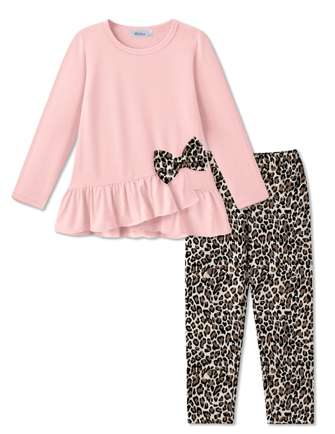 Toddler Girls 2 Piece Fall Outfit Bow Ruffle Top and Floral Leggings Set - Light Pink + Leopard Print