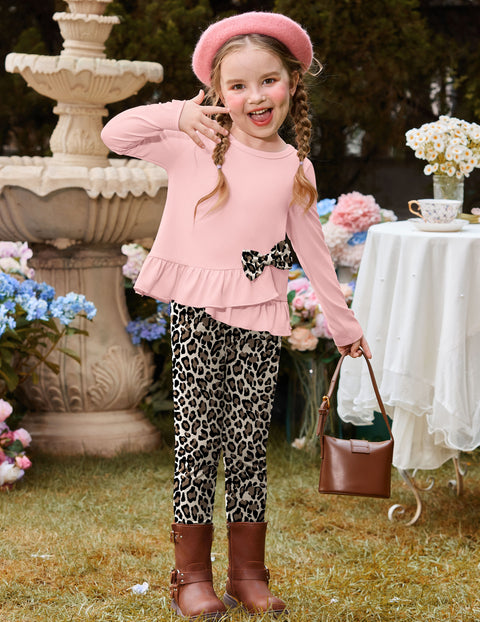 Toddler Girls 2 Piece Fall Outfit Bow Ruffle Top and Floral Leggings Set - Light Pink + Leopard Print