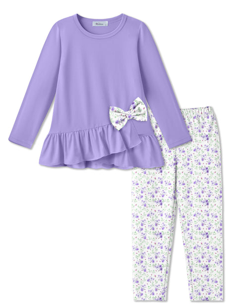 Toddler Girls 2 Piece Fall Outfit Bow Ruffle Top and Floral Leggings Set - Purple + Purple Floral
