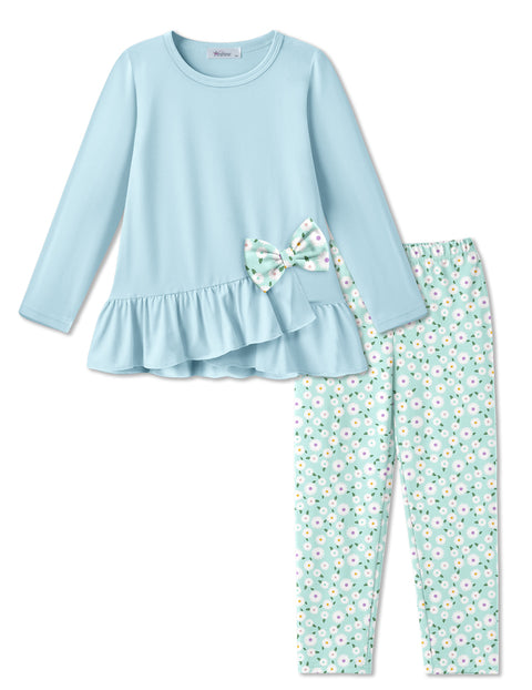 Toddler Girls 2 Piece Fall Outfit Bow Ruffle Top and Floral Leggings Set - Light Blue + White Floral