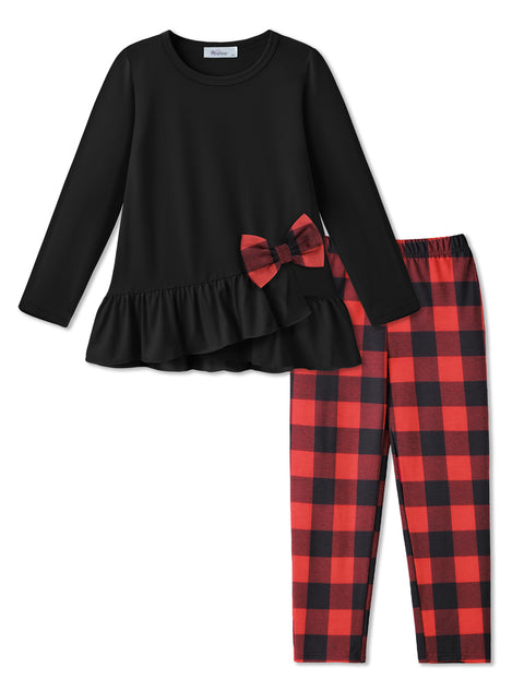 Toddler Girls 2 Piece Fall Outfit Bow Ruffle Top and Floral Leggings Set - PAT5