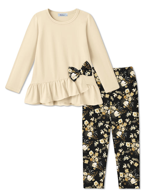 Toddler Girls 2 Piece Fall Outfit Bow Ruffle Top and Floral Leggings Set - Nude + Brown Flowers
