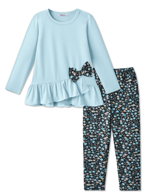 Toddler Girls 2 Piece Fall Outfit Bow Ruffle Top and Floral Leggings Set - Light Blue + Colorful Flowers