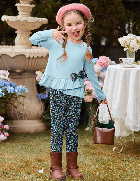 Toddler Girls 2 Piece Fall Outfit Bow Ruffle Top and Floral Leggings Set - Light Blue + Colorful Flowers