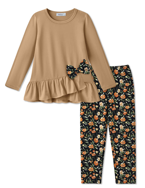 Toddler Girls 2 Piece Fall Outfit Bow Ruffle Top and Floral Leggings Set - Dark Khaki + Orange Flowers