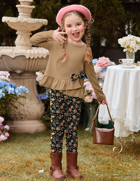 Toddler Girls 2 Piece Fall Outfit Bow Ruffle Top and Floral Leggings Set - Dark Khaki + Orange Flowers
