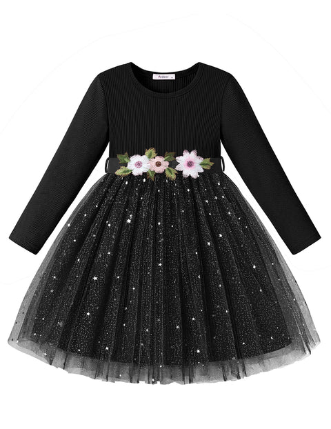 Toddler Girls Long Sleeve Tutu Dress Ribbed Knit Top Tulle Skirt with Belt - Black