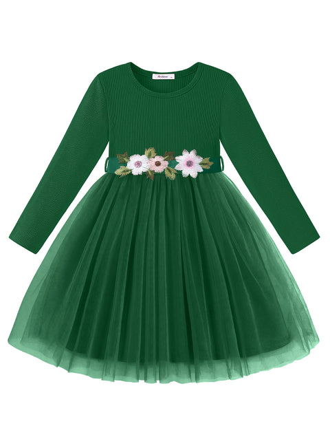 Toddler Girls Long Sleeve Tutu Dress Ribbed Knit Top Tulle Skirt with Belt - Green