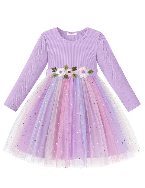 Toddler Girls Long Sleeve Tutu Dress Ribbed Knit Top Tulle Skirt with Belt - Purple Rainbow