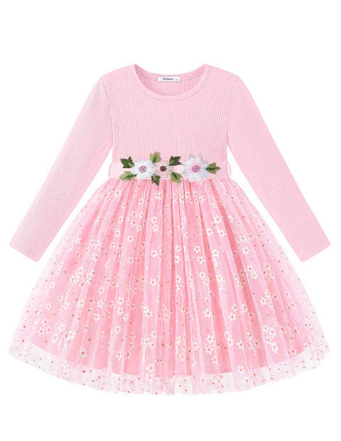 Toddler Girls Long Sleeve Tutu Dress Ribbed Knit Top Tulle Skirt with Belt - Pink Daisy