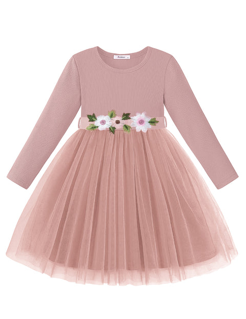 Toddler Girls Long Sleeve Tutu Dress Ribbed Knit Top Tulle Skirt with Belt - Dusty Pink