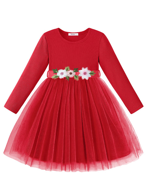 Toddler Girls Long Sleeve Tutu Dress Ribbed Knit Top Tulle Skirt with Belt - Red