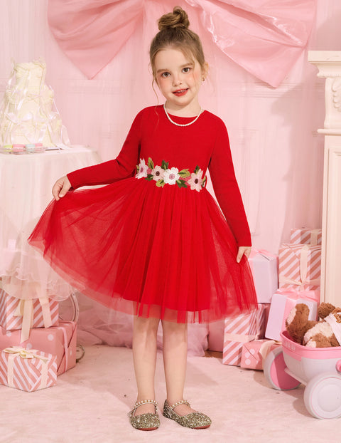 Toddler Girls Long Sleeve Tutu Dress Ribbed Knit Top Tulle Skirt with Belt - Red