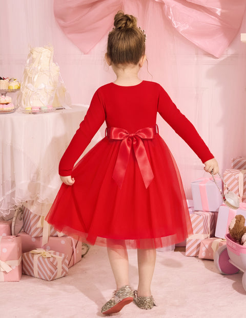 Toddler Girls Long Sleeve Tutu Dress Ribbed Knit Top Tulle Skirt with Belt - Red