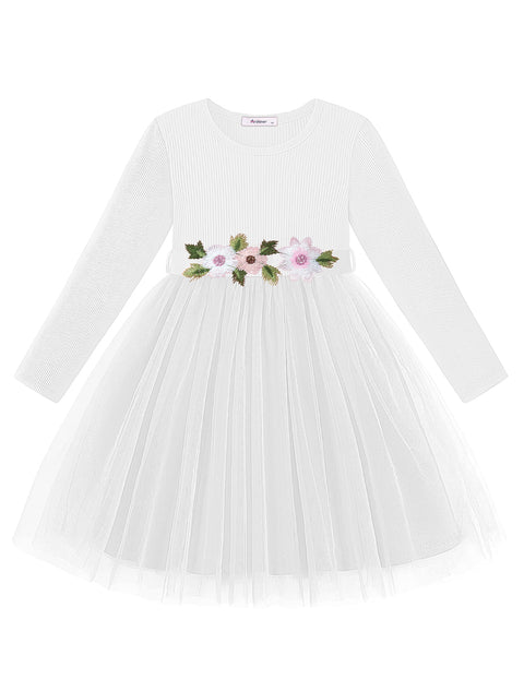 Toddler Girls Long Sleeve Tutu Dress Ribbed Knit Top Tulle Skirt with Belt - White