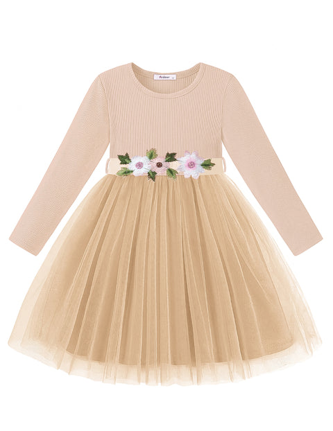 Toddler Girls Long Sleeve Tutu Dress Ribbed Knit Top Tulle Skirt with Belt - Beige